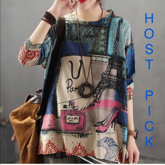 Oversized cotton knit Retro print Paris sweater - Picture 4 of 8